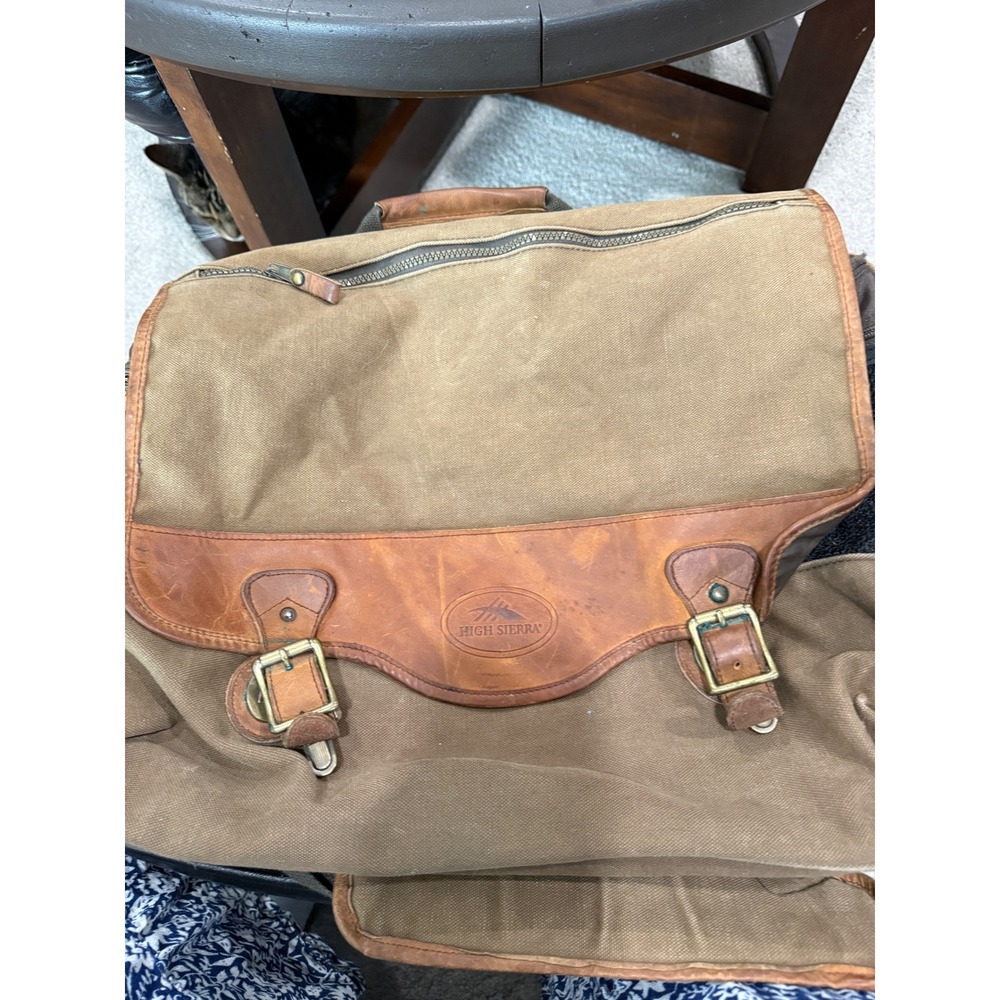 Vintage High Sierra Canvas Leather Trim Messenger Bag Brown Brass Buckles‎